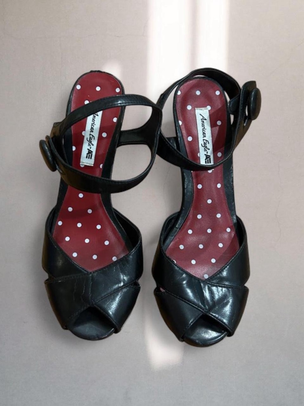 American Eagle Vintage Black Strappy Peep-Toe Sandals with Polka-Dot Insole